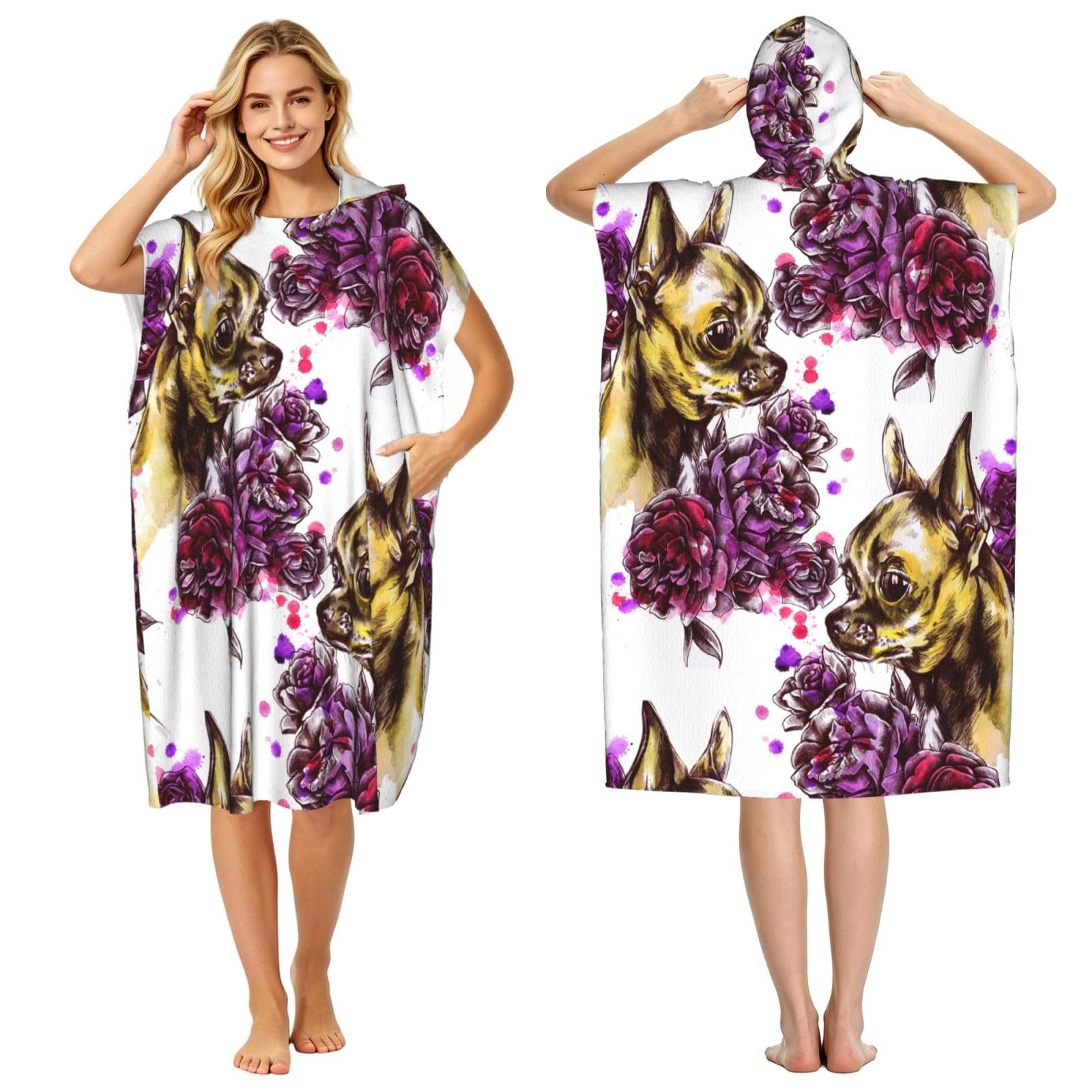 Poadnly Chihuahua And Rose, Adult Hooded Beach Towel 90 x 110 cm,Changing Bath Robe, Surf Poncho Towel For Women Men
