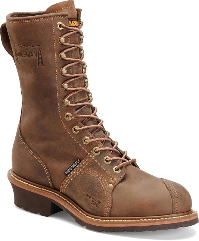 Carolina Linesman Botas de trabajo de cuero de 10" para hombre, puntera compuesta, impermeable | Puntera compuesta ligera, protección impermeable, suela antideslizante, comodidad de espuma viscoelástica, caña no metálica, botas para hombre