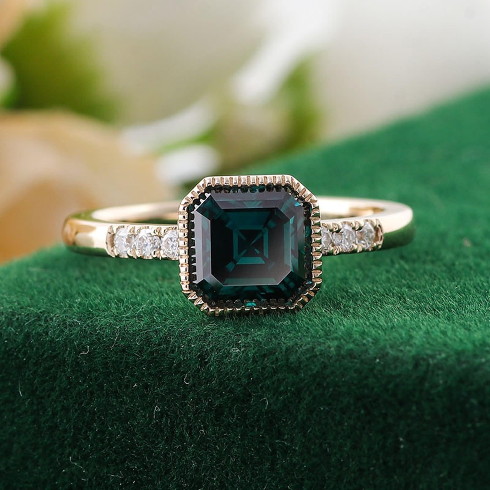 Anillos para mujer dedo medio, anillo de boda cuadrado con verde esmeralda fabricada en laboratorio