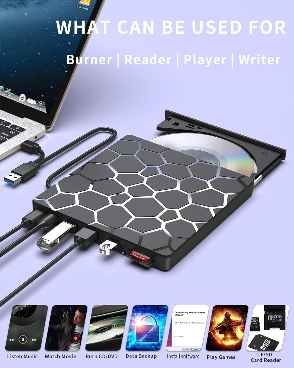 External CD DVD Drive,8 in 1 USB 3.0 and Type-C Disc Reader Writer Burner Player,Slim and Portable CD DVD +/-RW Optical Drive for PC Laptop Desktop MacBook Mac Windows Linux OS Apple (8 in 1) — view 5