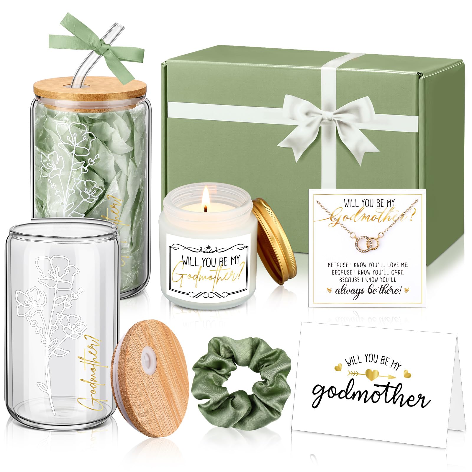 6 Pcs Godmother Proposal Gift Set, Will You Be My Godmother Gift Box, 16oz Glass Cup, Necklace & Scented Candle from Godchild for Baptism Mother’s Day Birthday(English,Sage Green)