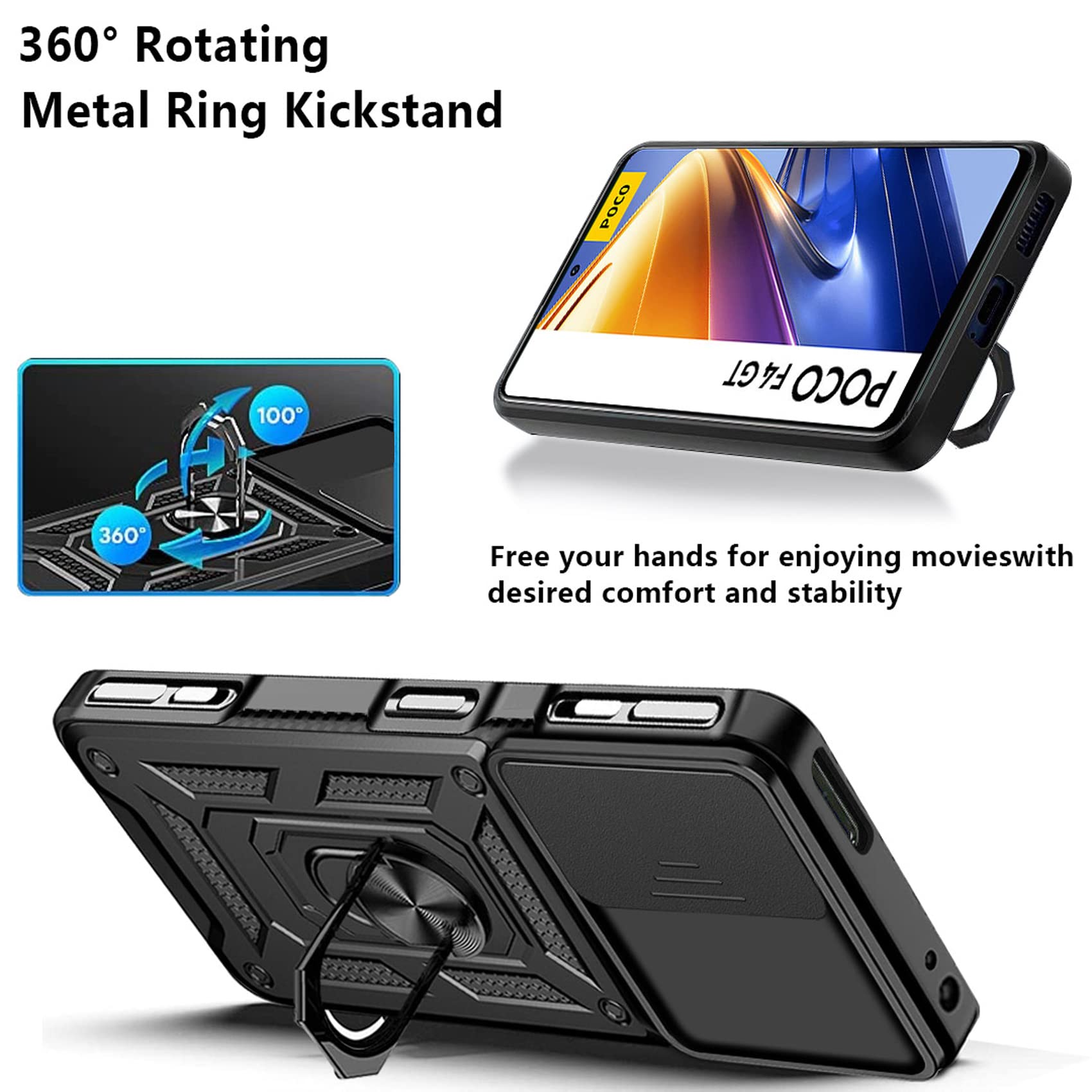 Hi-Case Custodia Protettiva Per Xiaomi Poco F4 GT Con Sportello Scorrevole Fotocamera E Anello Supporto Magnetico, Nero - 5