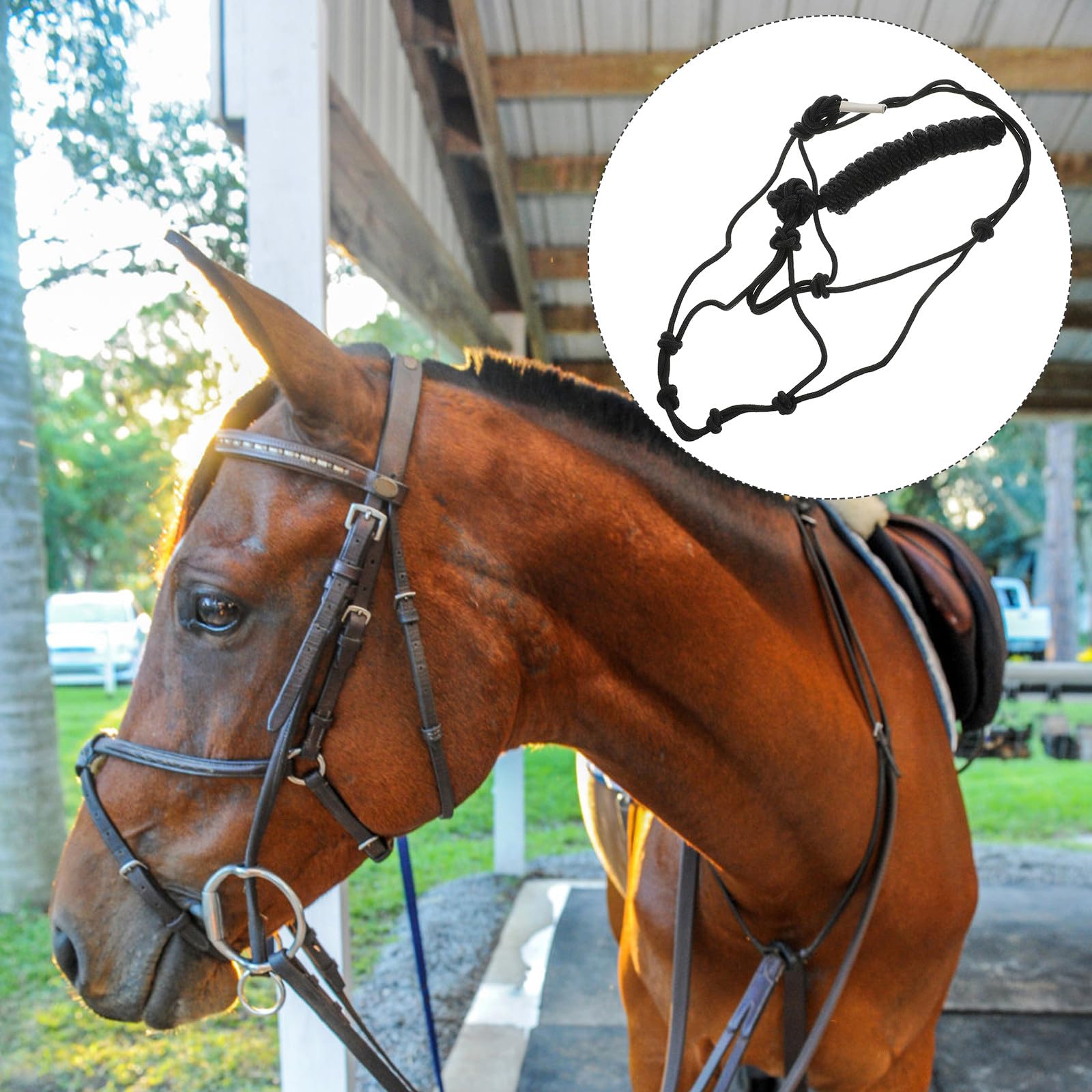 FOMIYES Cavezza per Cavalli in Corda Resistente, Collare da Equitazione Professionale in Poliestere, Cavezza Pratica Completa Nodi Regolabili, Accessorio per Controllo Sicuro del Cavallo,