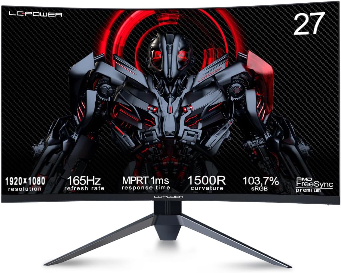 LC-Power 27 Inch FHD Curved Gaming Monitor,1920 x 1080, 165hz, 1ms, 1500R, Fast VA Screen, AMD FreeSync Premium, HDR Ready, DisplayPort, HDMI, Wide Color Gamut, Less Blue light, Black