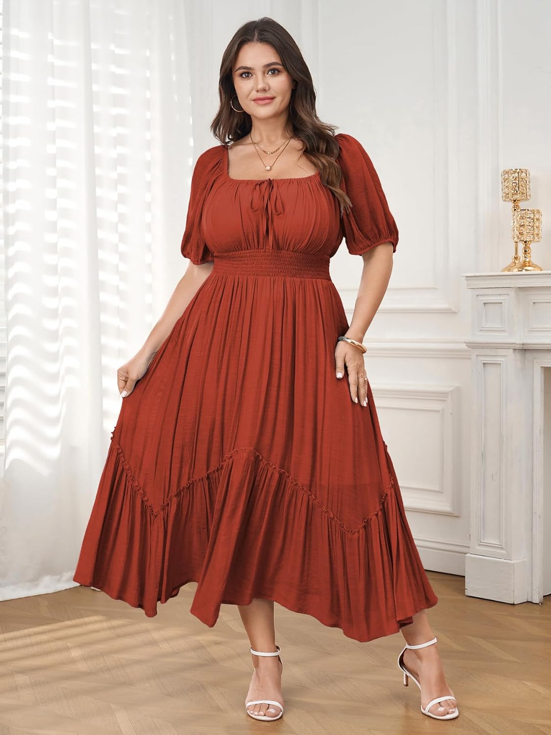 Women's Plus Size Dress Short Sleeve Square Neck Tie Front Ruffle Hem Boho Maxi Milkmaid Dress - Image 7