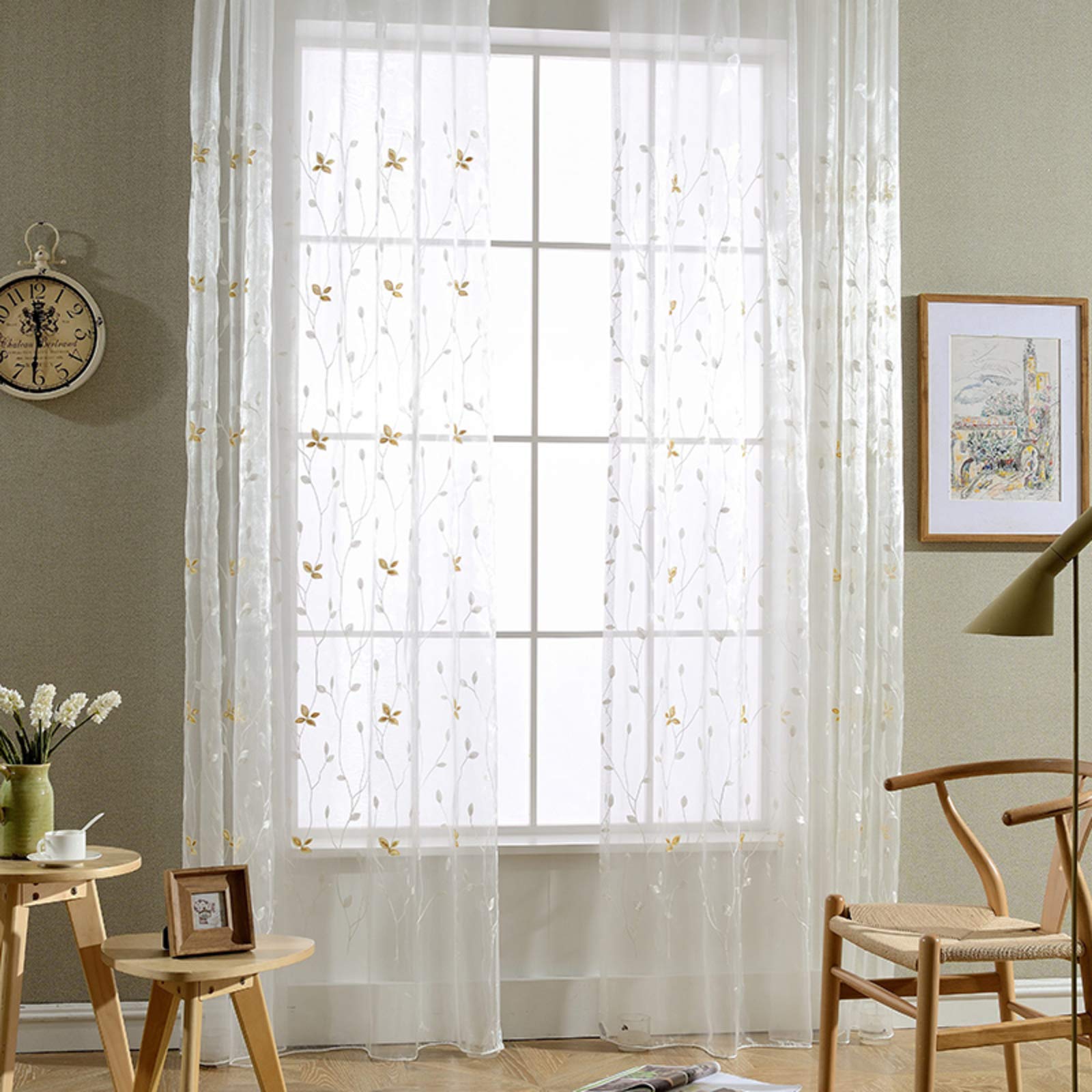 Tulle rideaux panneaux blancs avec broderie feuille délicate pour grand salon 200x270