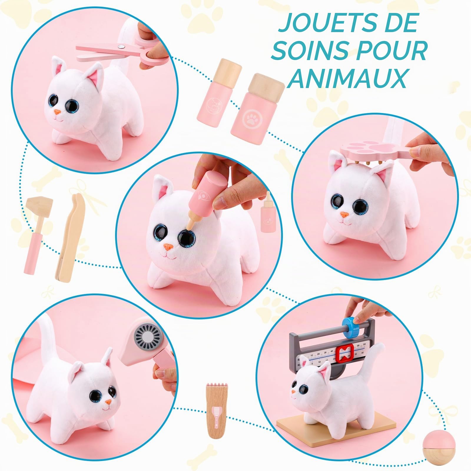 UMU® Lot de 37 Jouets vétérinaires en Bois pour Enfants avec Chat en Peluche, stéthoscope, tensiomètre, etc. Jouet vétérinaire pour garçons et Filles de 3, 4, 5 Ans