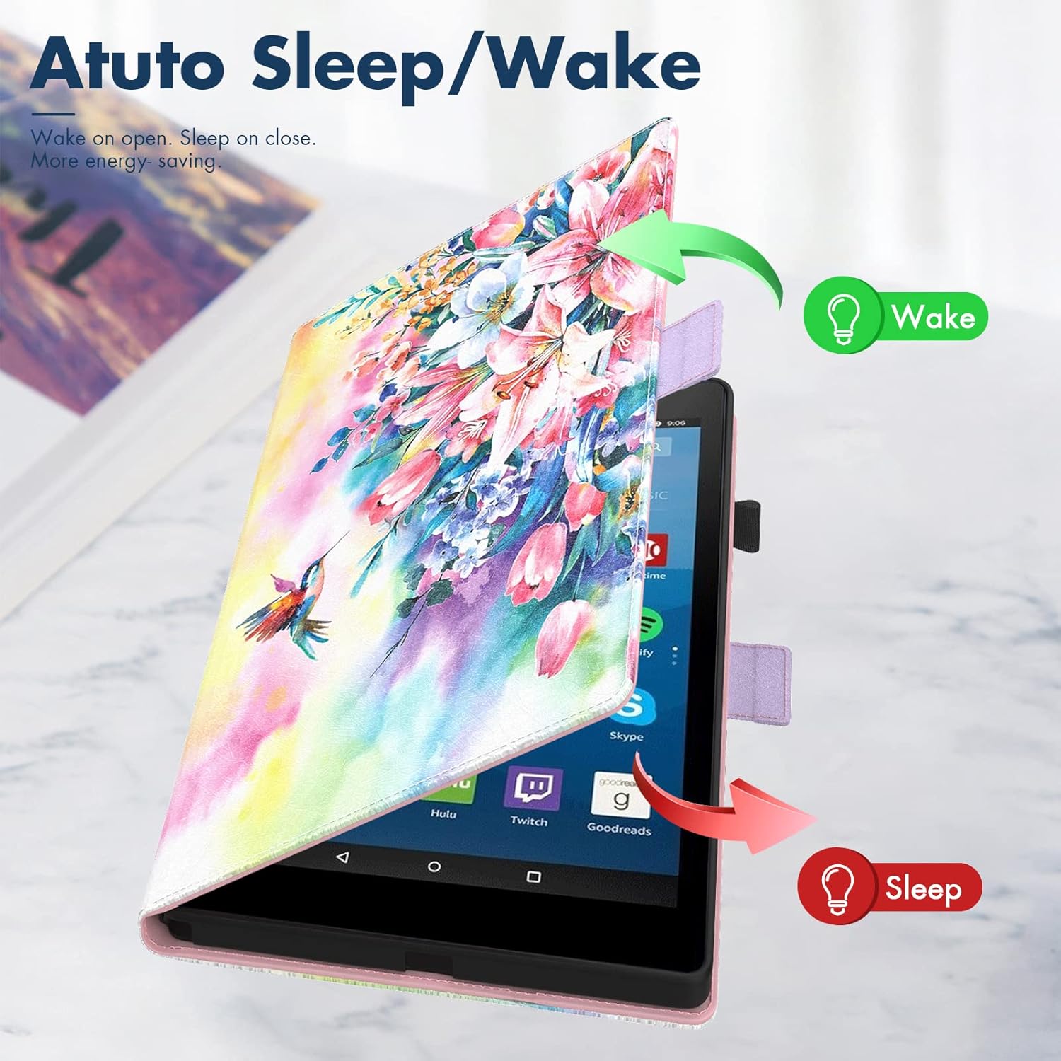 Dteck for Fire HD 8 Tablet Case (8th/7th/6th Generation-2018/2017/2016 Release) 8", Slim Folio Case with Auto Sleep Wake & Stand Function, Hand Strap, Protective PU Leather Cute Cover, Pink Blossom