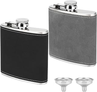 2 Pack 6oz Hip Flask with 2 Funnels, 304 Stainless Steel Whiskey Flask with Leather Wrapped Cover, Leak Proof Hip Flask for Men Women Travel Fahter's Day Gift (1X Grey, 1X Black)