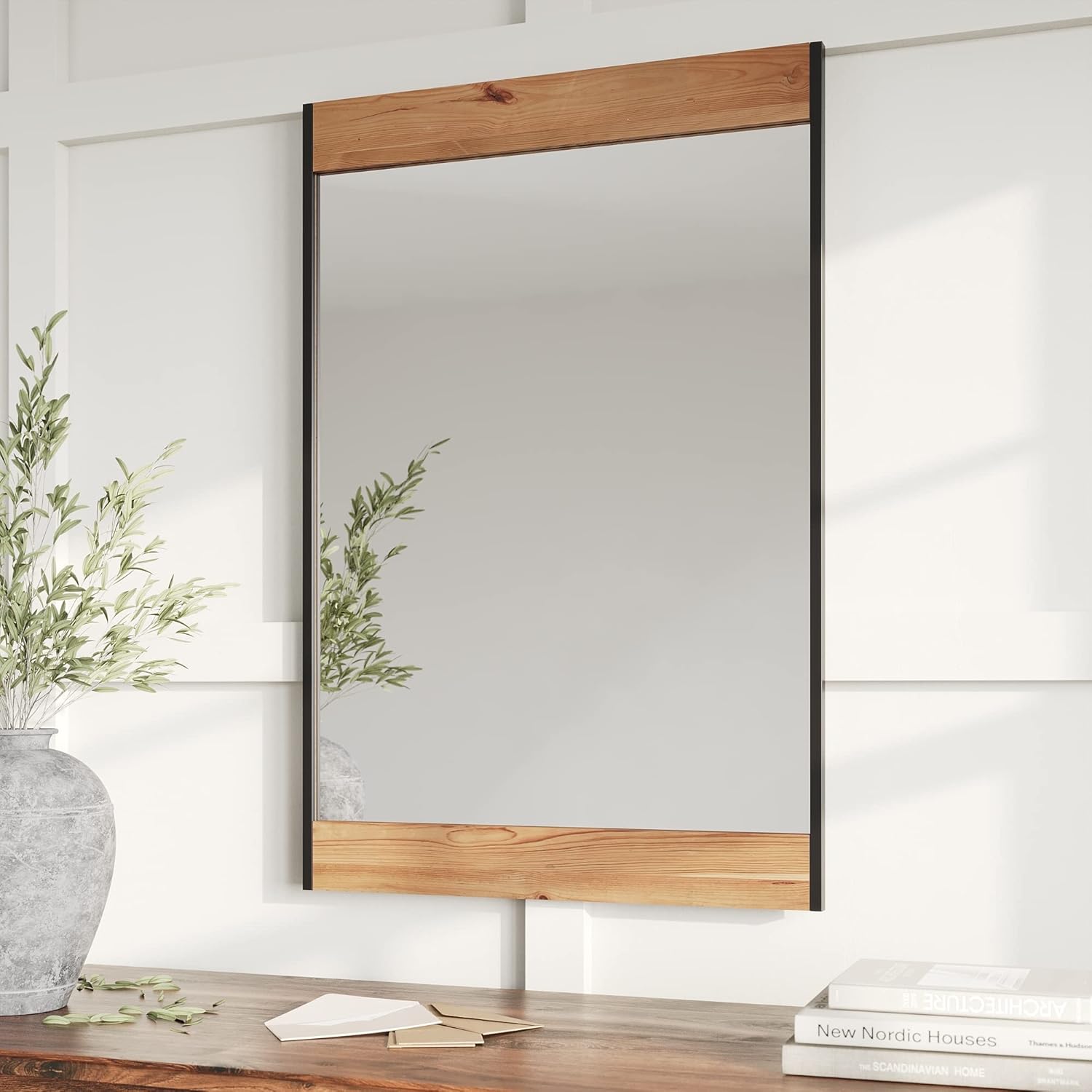 Barnyard Designs 24x36 Wooden Farmhouse Wall Mirror - Modern Rustic Metal and Wood Frame Mirror for Bathroom Vanity, Brown