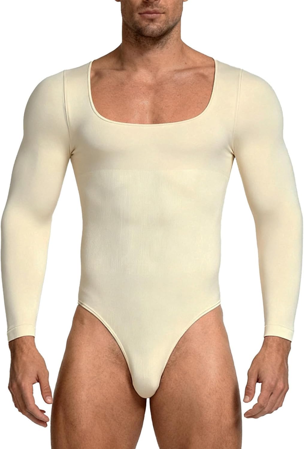 Men's Solid Color Bodysuit Square Neck Long Sleeve Openable Crotch Stretchy Leotard