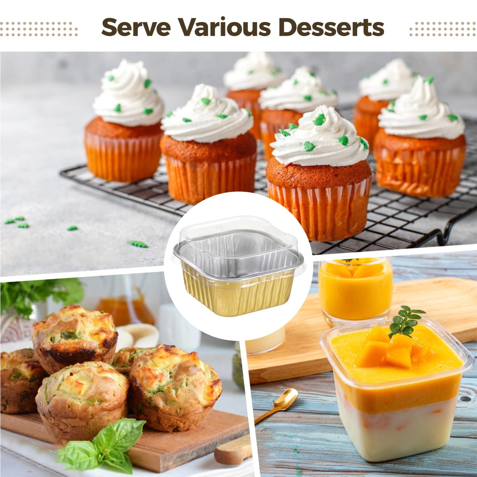 200 mini moldes para tartas con tapas, vasos de aluminio de 5 onzas, cajas de postre cuadradas doradas para catering y fiestas, moldes para cupcakes para hornear, horno y congelador