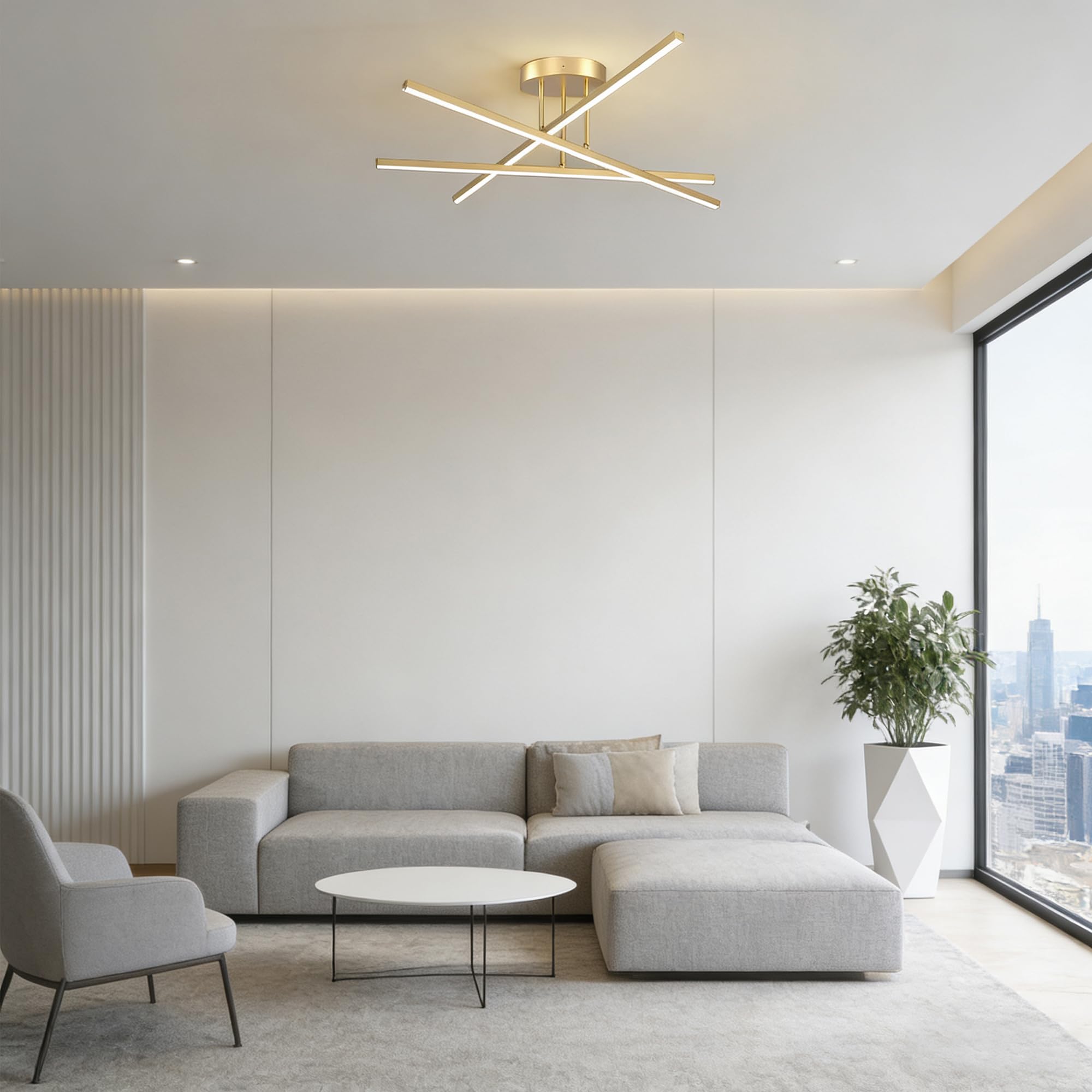 Lámpara de techo LED cruzada 60cm dorada 24W luz blanca cálida 3000K, plafón minimalista 2400lm para salón cocina comedor pasillo oficina