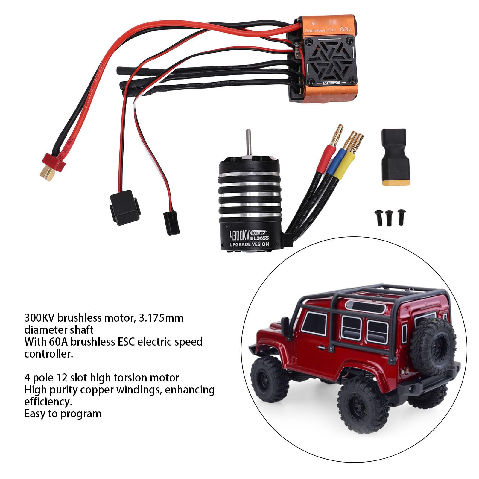 Silnik Bezszczotkowy, 4300KV 3,175 Mm Combo ESC o Wysokim Skręcie, 60A Bezszczotkowy ESC z Precyzyjnie Wyważonym Wirnikiem do Samochodu Ciężarowego RC 1/10 1/12 Krótki Kurs Drift Crawler