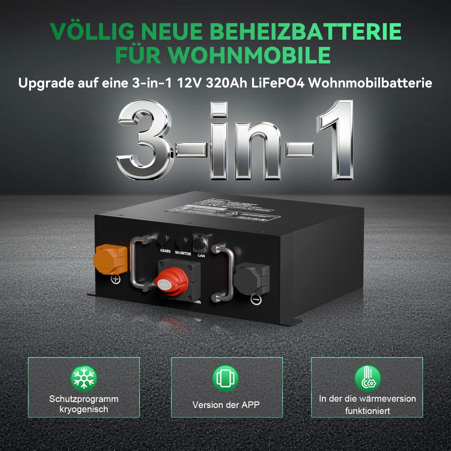 Mjbsan 12V 320Ah Underseat Selbsterwärmung LiFePO4 Batterie,4096Wh Energie mit eingebautem 250A BMS,Low Temperature Schutz,12000 Zyklen und 10-Jahres Lebensdauer,für Wohnwagen,Solar,Stromspeicher