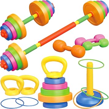 6-in-1 Kids Weight Set- Adjustable Dumbbell, Barbell, Kettlebell, Ring. Pretend Play Kids Workout Equipment, Kid Exercise Equipment Toy Toddler Weights Gym Set Bench Workout Gift for Baby Boy Girl