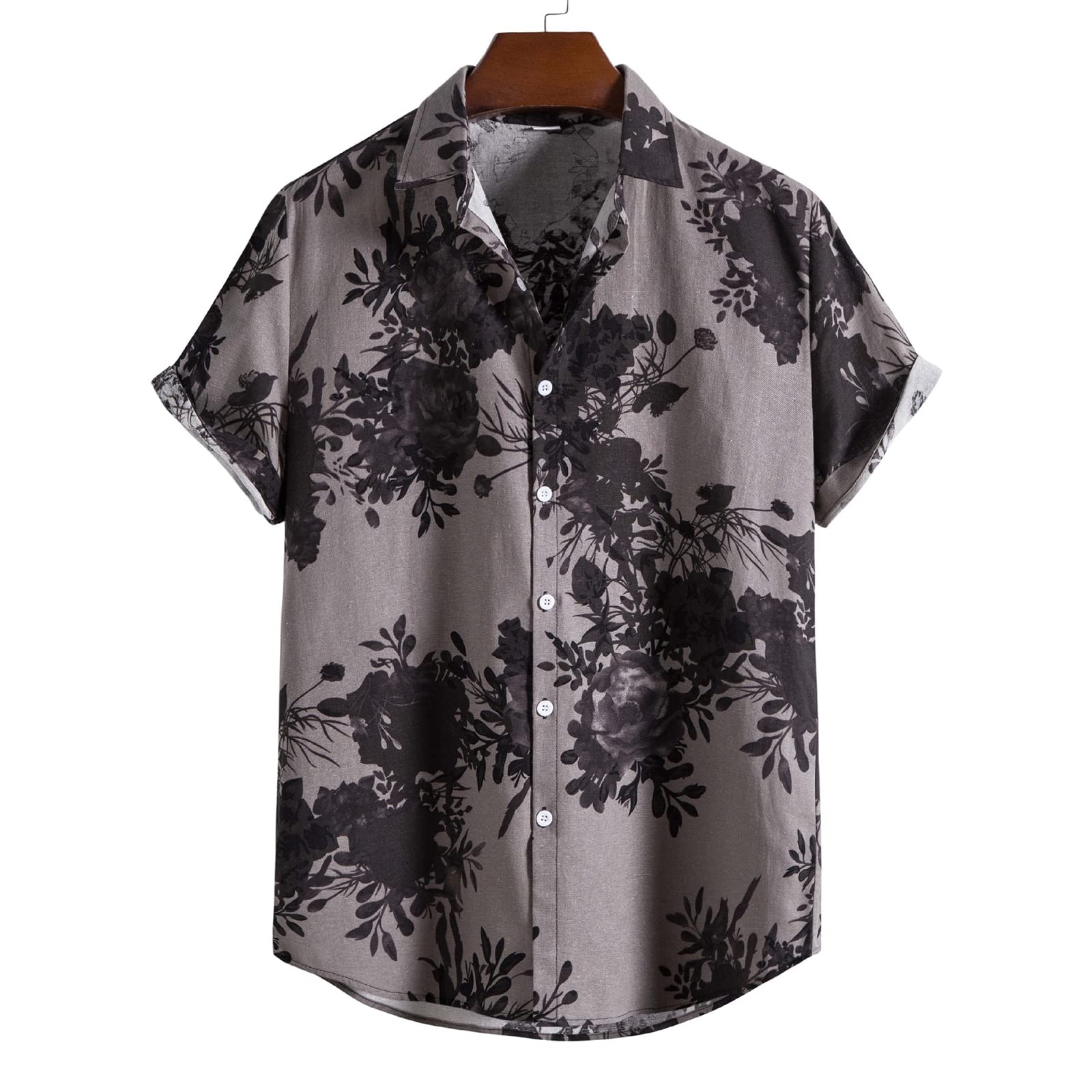 Mens Shirts Short Sleeves Mens Fashion T-Shirts Cardigan Mens Flower Shirts Cotton Linen Printed Short Sleeve Shirts Mens Casual Tops