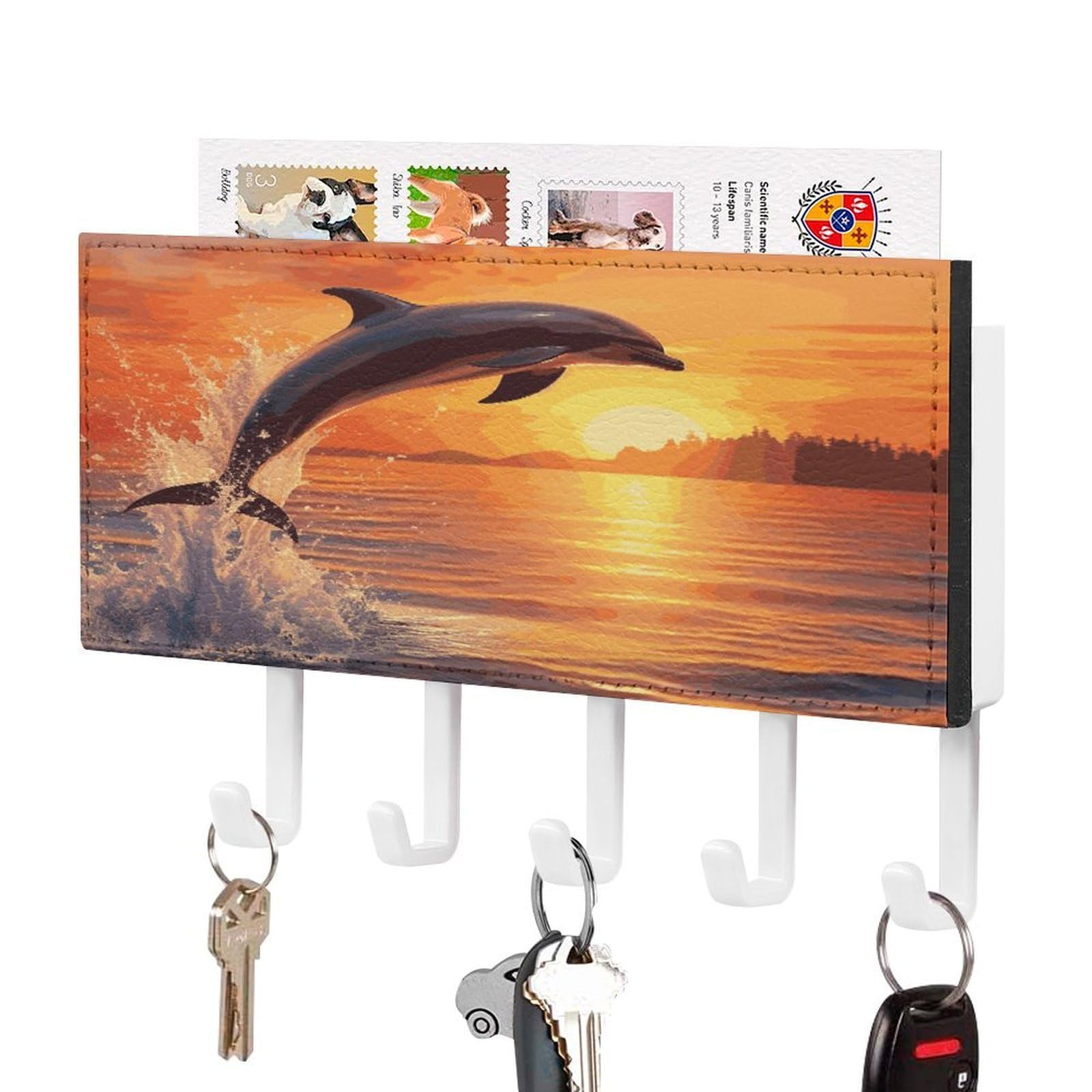 FekiLoot Sunset Dolphin Key Holder Wall Mount Decorative Key and Mail Holder Pu Key Rack with 5 Hooks Key Hanger Organizer Decorative Home Decor for Wall for Entryway Office Living Room White-Style