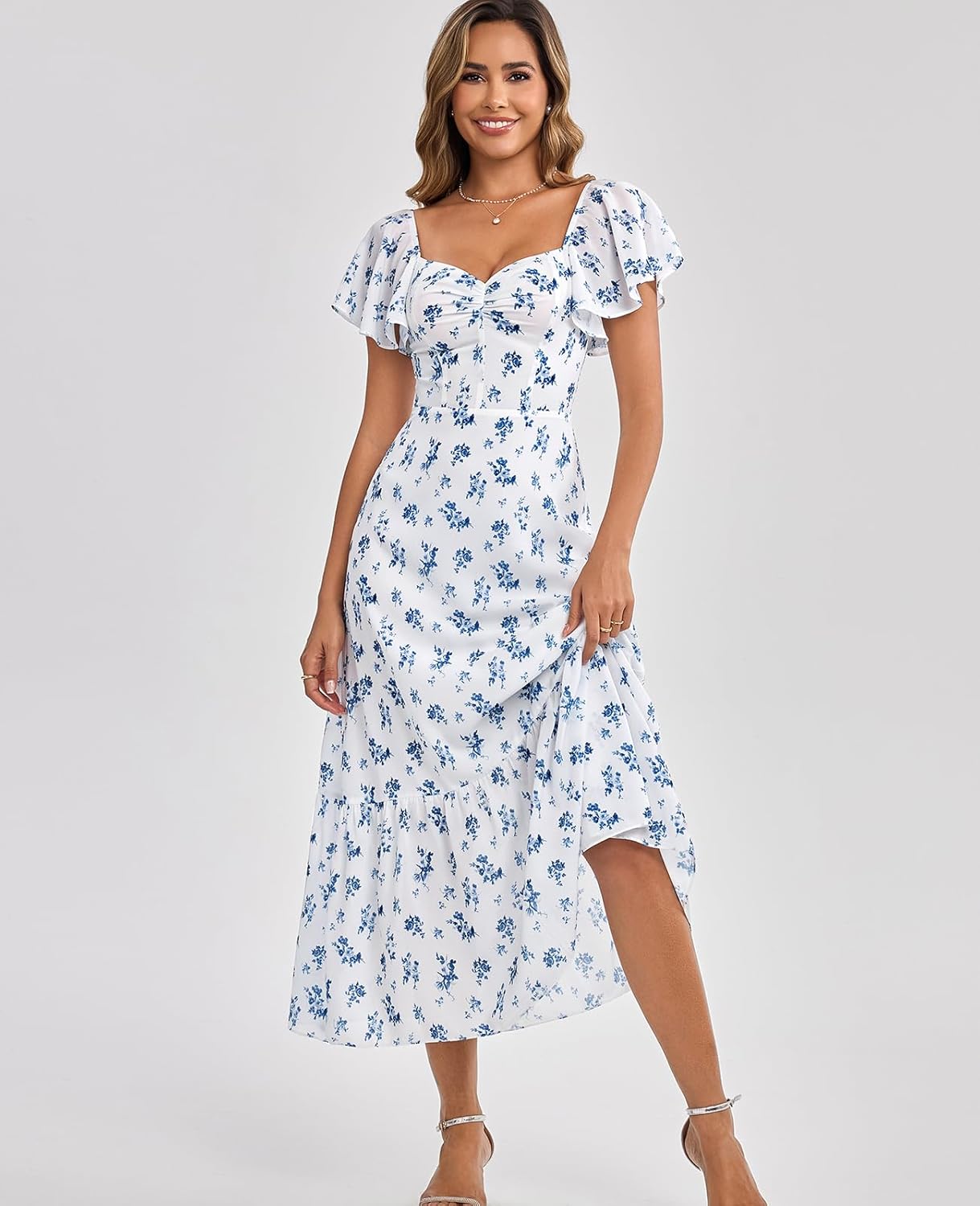 GLNEGE Women's 2025 Summer Midi Floral Boho Dresses Casual Flowy Beach Short Sleeve Dress Ruffle Hem Smocked Sundresses - Image 2