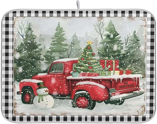 Tapete de secado de platos de árbol de camión de Navidad para cocina, invierno, muñeco de nieve, búfalo, tapete de secado de microfibra absorbente