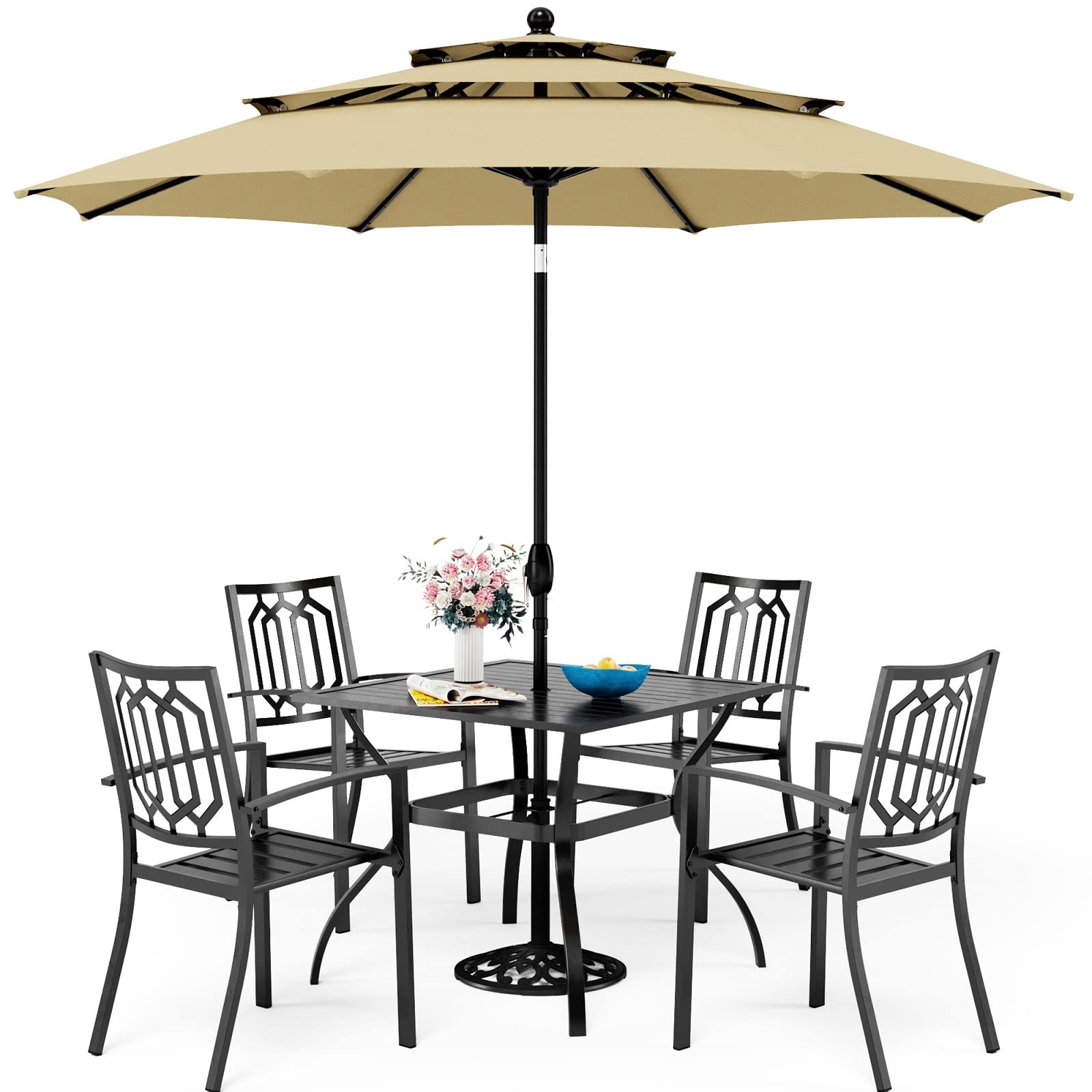 Sophia & William Patio Dining Set for 4 with 10ft 3 Tier Auto-tilt Umbrella, Outdoor Table Furniture Set with 4 x Metal Outdoor Chairs, 1 x Metal