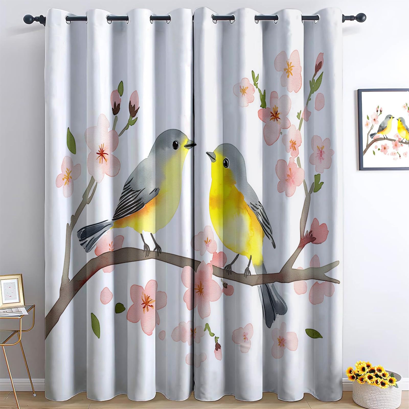Curtains Watercolor Birds Flowers Polyester Soft Curtains Top Eyelets Treatments Blackout Window White Yellow For Living Room Bedroom W 46" x L 72" (2 Panels)
