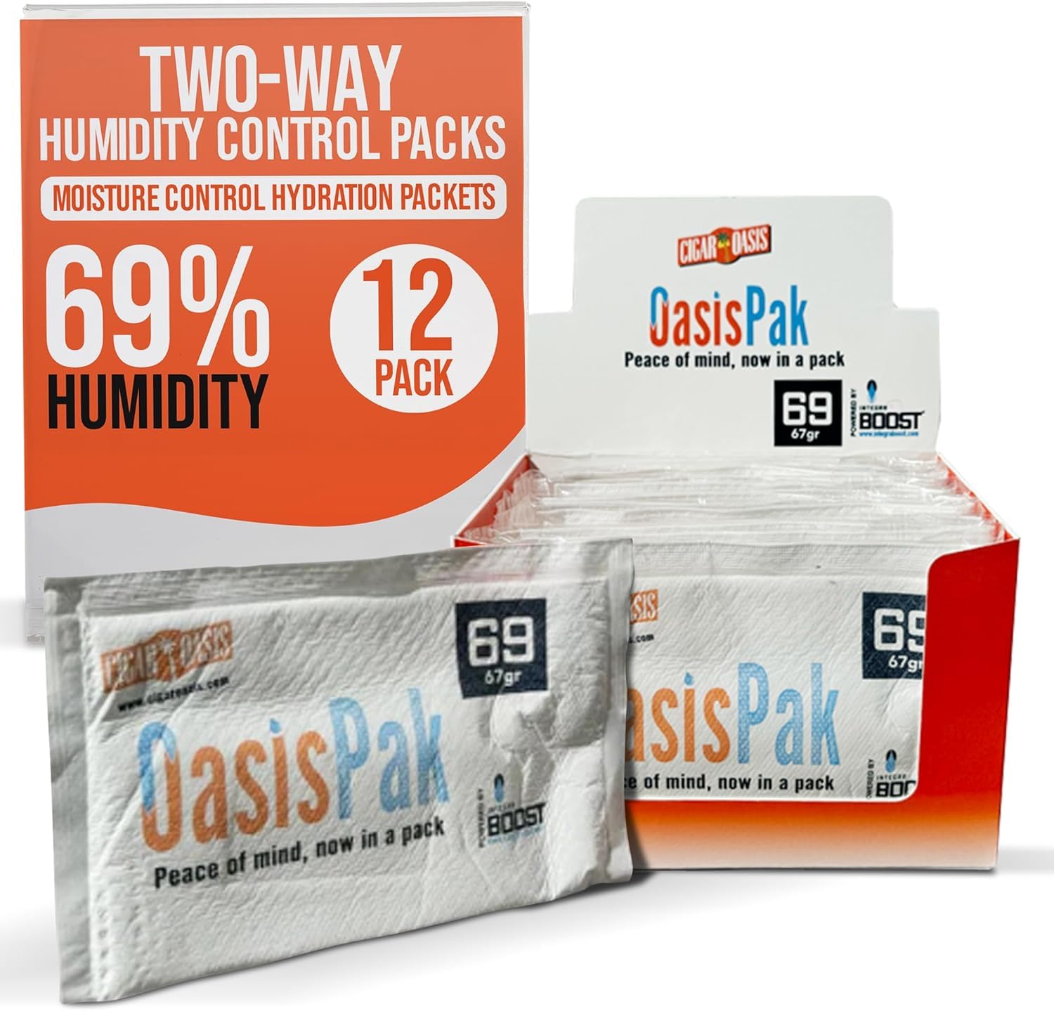 Cigar OasisPak Two-Way Humidity Packs - Ultimate Moisture Packs for Storage - Prevent Overdrying - Ideal Humidifier Packs & Hydration Packets - 67 Grams, 69% Humidity Level (Pack of 12)