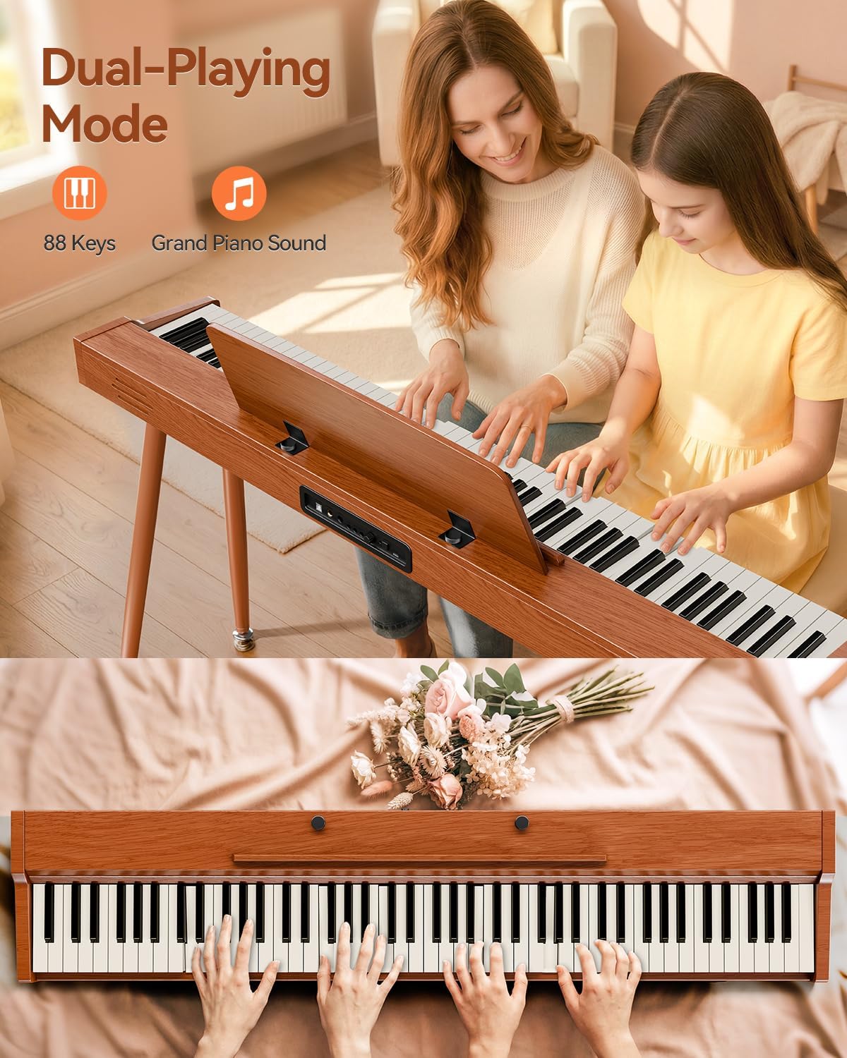 Rhymo 88-Key Digital Piano with Stand, Semi-Weighted Keyboard, Bluetooth Audio/MIDI, Dual Player Mode, 20W Speakers, Microphone Input, Triple Pedal for Beginners to Professional (Retro Wood)