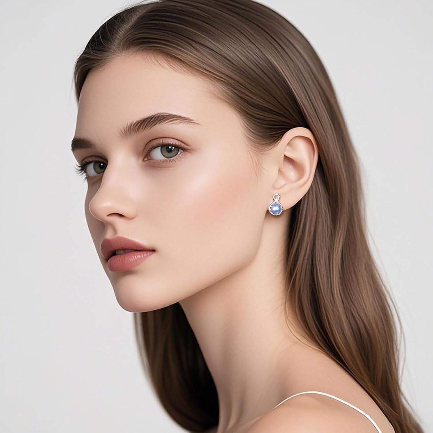 S925 Sterling Silver Infinity Pearl Earrings Stud for Women, Genuine Quality 8-8.5mm Round Saltwater Cultured Pearls 14K Gold Plated Hypoallergenicity Jewelry Gifts for Mother Wife Bridal
