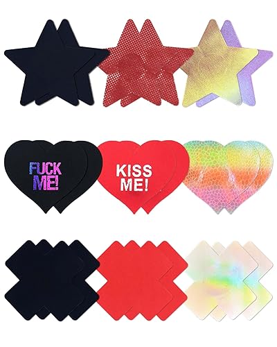 CICKEE Pasties Sexy Nipple Covers 9 Pack Fun Pasty Pack for Rave Party Goth Lingerie Heart X Breast Petals with Words - #3 Black/Red/Holographic
