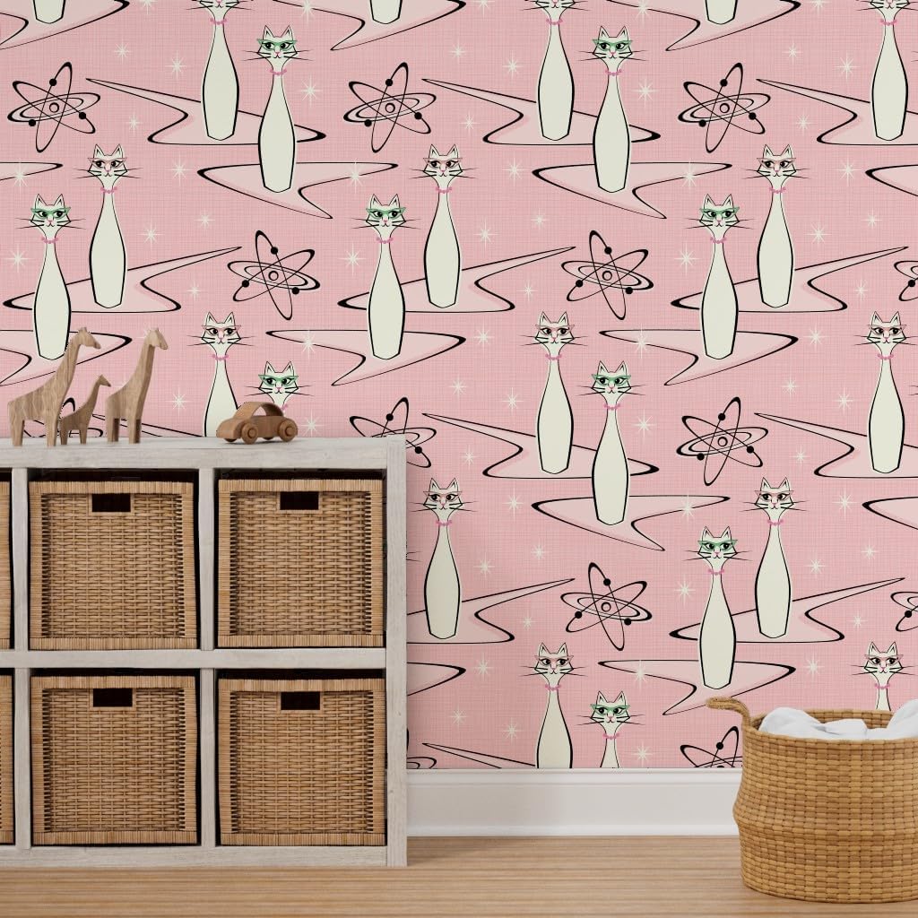 Peel & Stick Wallpaper 3ft x 2ft - Atomic Age Cats On Pink Retro 1950S Cats Midcentury Modern Custom Removable Wallpaper by Spoonflower