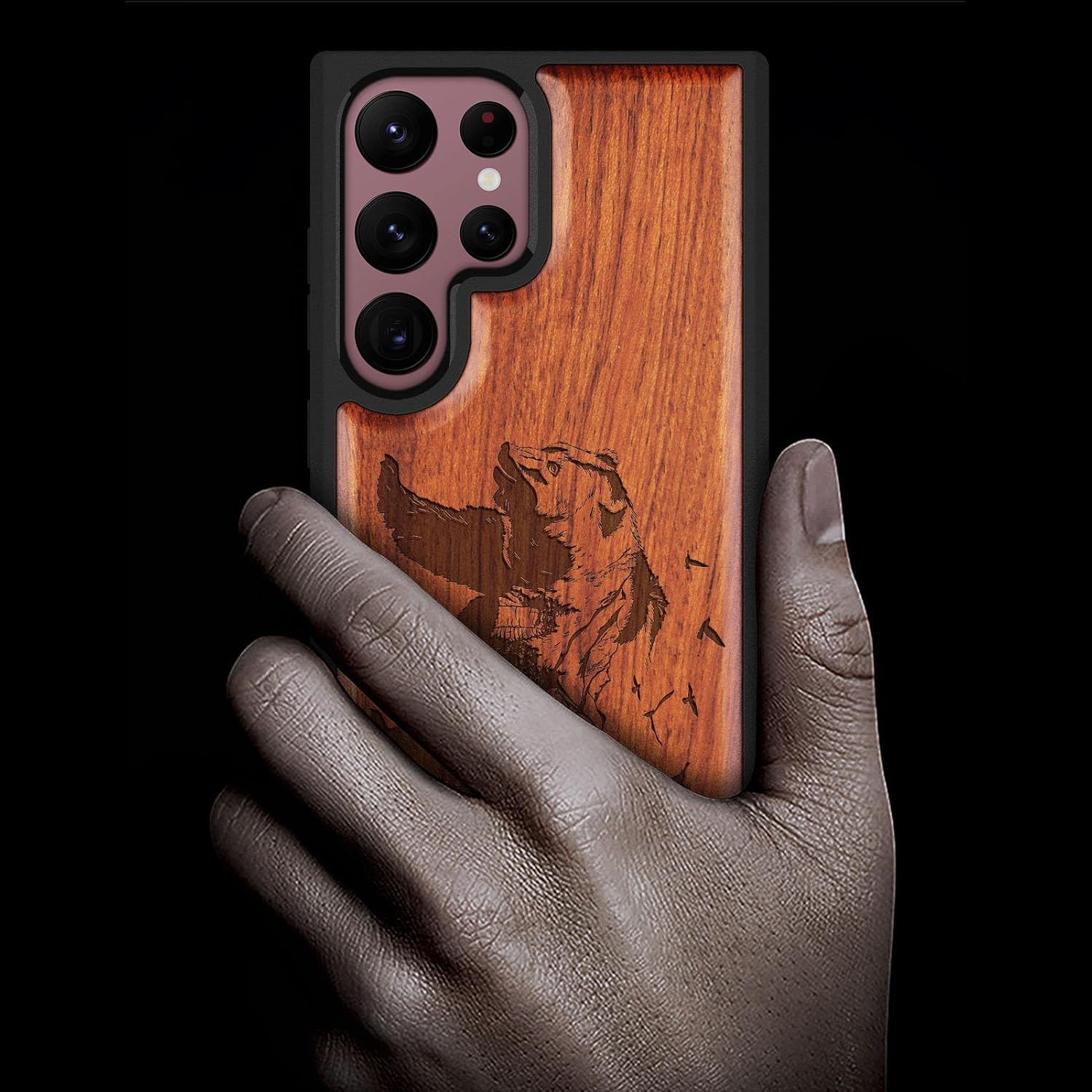 Carveit Wood Case for Galaxy S22 Ultra Case [Natural Wood & Black Soft TPU] Shockproof Protective Cover Unique & Classy Wooden Design Compatible with Samsung S22 Ultra (Bear and Valleys-Rosy)