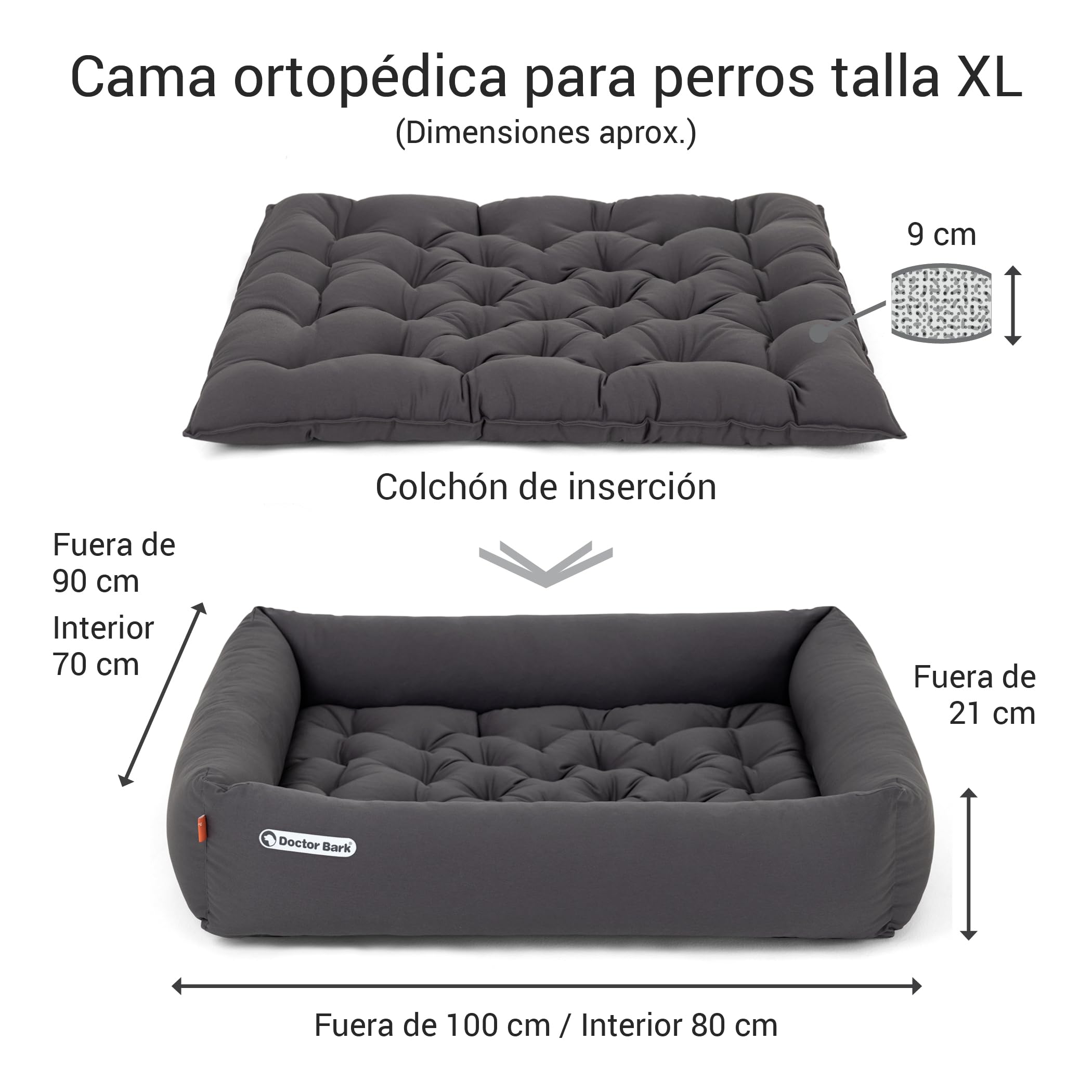Doctor Bark Cuna Perro, Cama ortopédica, lavable hasta 95 °C, sin olor e higiénica, acogedora decoración para perros grandes (XL - 100 x 90 cm, gris)