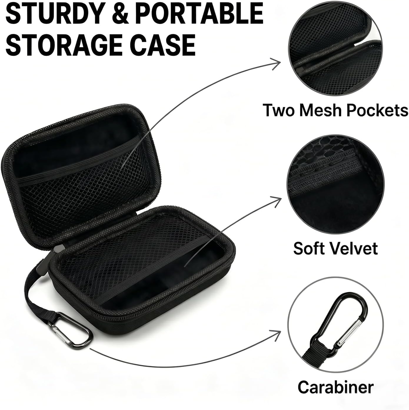 MP3 Player Carrying Case Compatible with AiMoonsa 1.8 Inch MP3 Player, Hard Shell Zipper Case with Dual Mesh Pockets and Carabiner Clip, Portable Storage for Earphones and USB Cable, Black