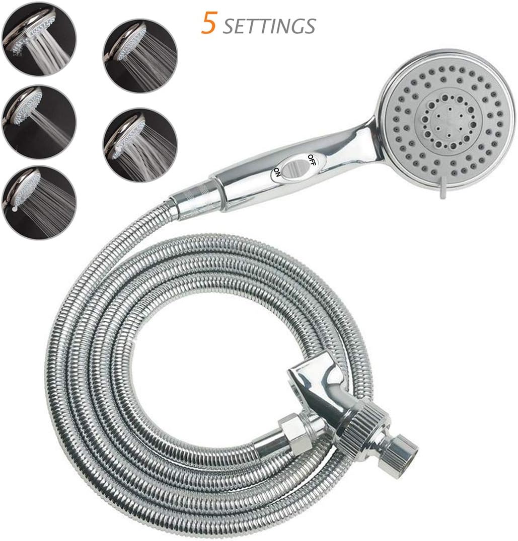 HauSun Handheld Shower Head with On/Off Switch - 5 Spray Settings 6.5 Feet Long Hose High Pressure with Bathroom Faucet Kit - Universal Adapter Holder Mount for Wall,Chrome Finish