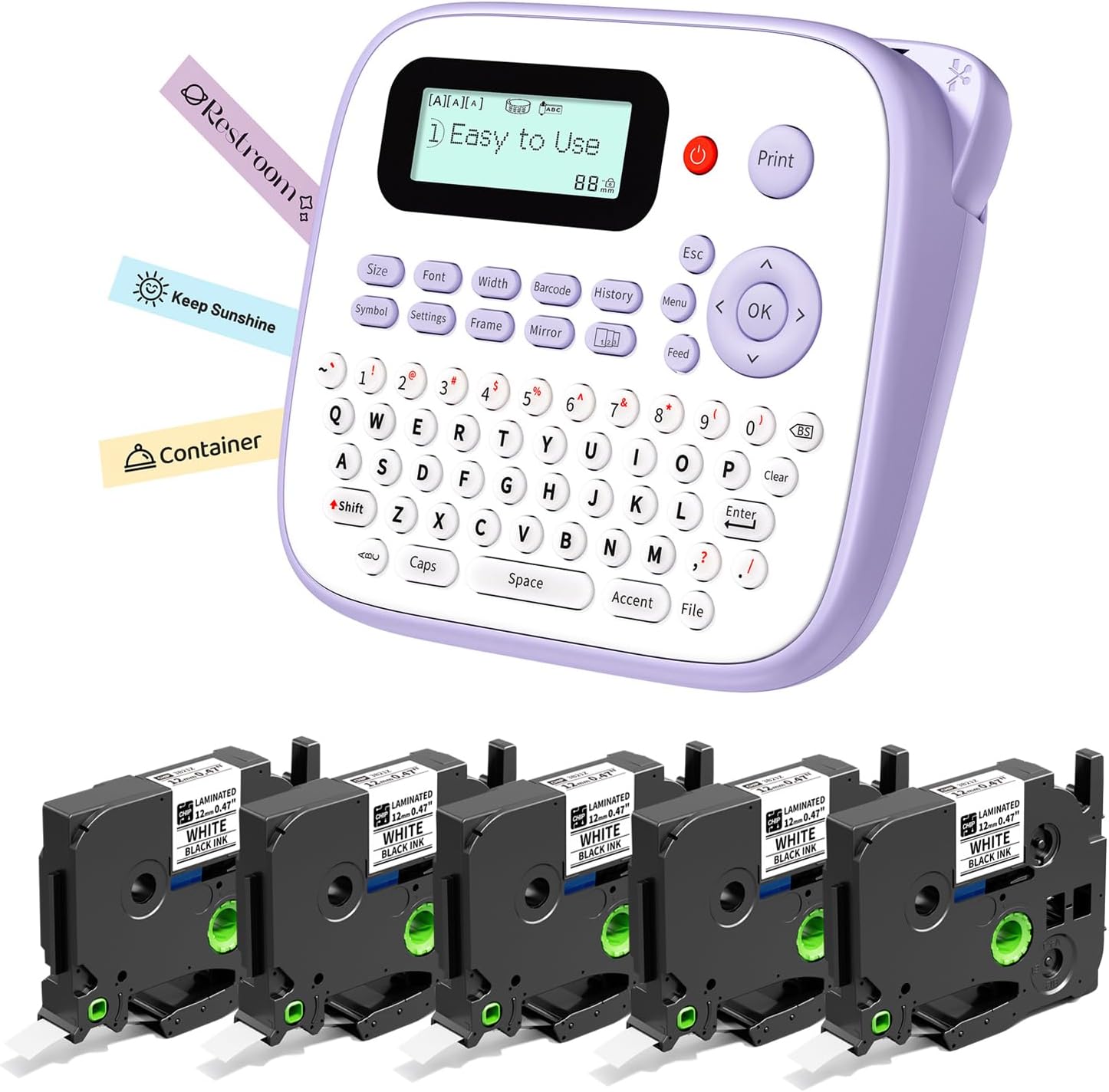 Label Maker with 5PK White Tapes Waterproof, Purple Desktop Label Maker for Teachers Kids Classroom Gifts, Portable Labeler with Multiple Symbols &Fonts for Home Office School Use, D210S