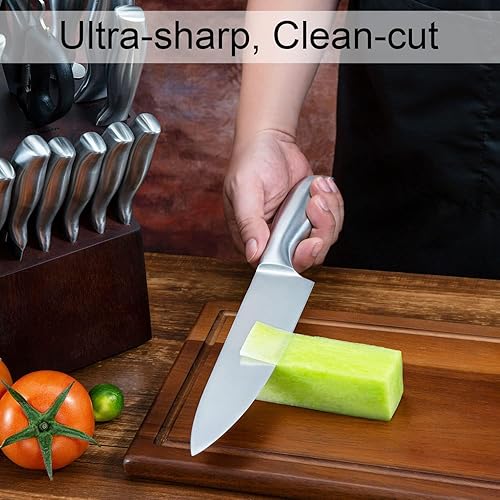 Miniatura 6 de Juego de cuchillos de cocina de 14 piezas con bloque de madera, cuchillo de chef con 6 cuchillos de carne dentados, juegos de cuchillos de acero