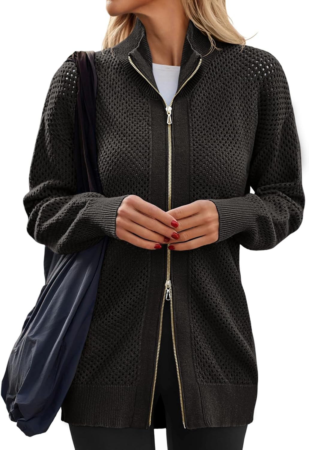 Women's Turtleneck Zip Up Cardigan Sweaters Oversized Drop Shoulder Long Sleeve Casual Solid Mesh Knit Jumper Tops