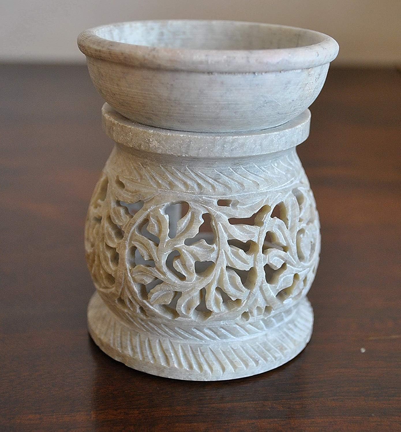 Essential Oil Diffuser Burner Warmer With Tea Light Holder For Aromatherapy Artisan Handcarved Soapstone 3 With Intricate Elegant Tendril Openwork