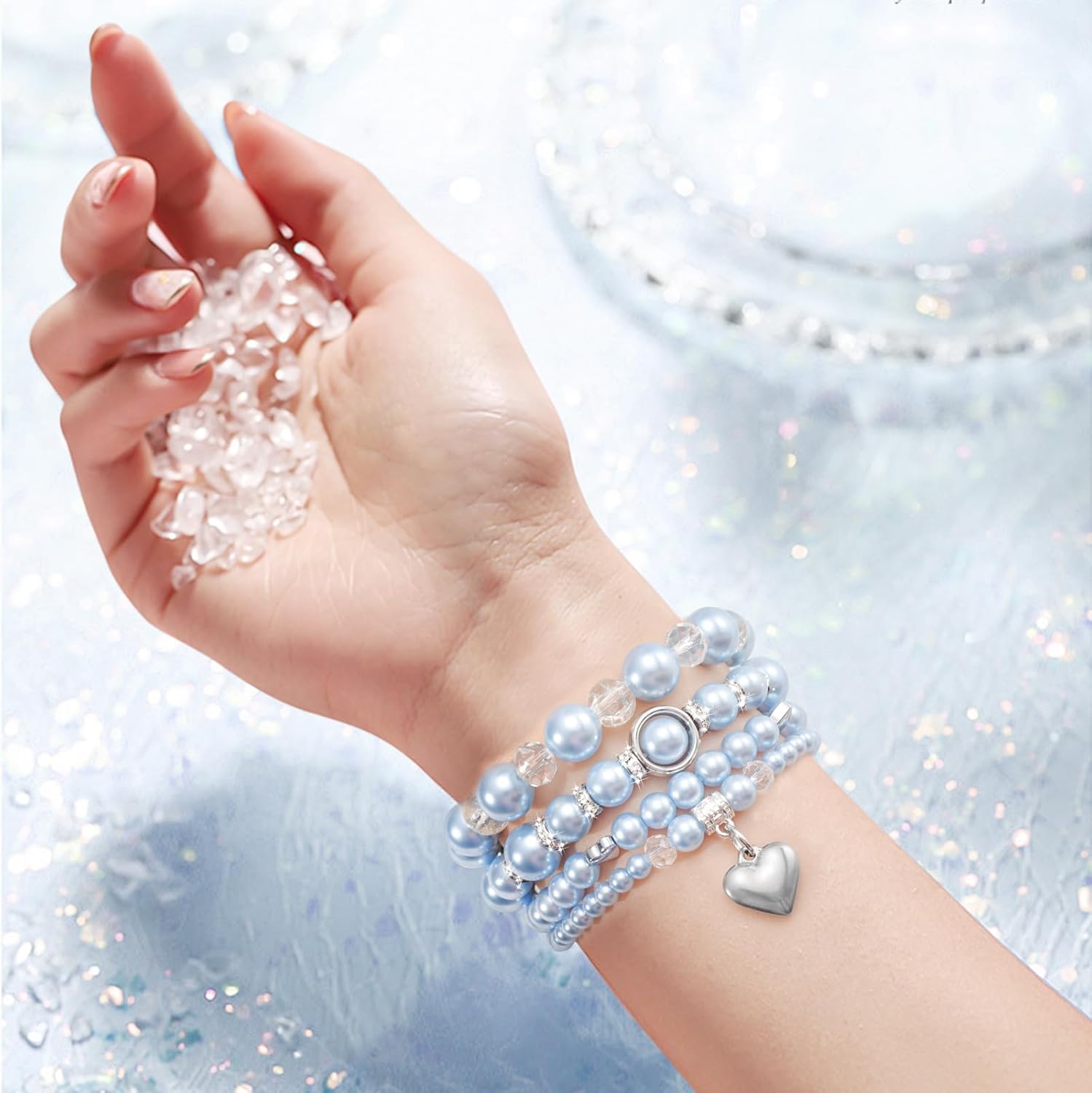 V-MORO Compatible with Apple Watch Band Pearl Series 11/10/9/8/7 45mm/46mm/44mm/42mm Fashion Beaded Elastic Bracelet Bling Jewelry Strap for iwatch SE Series 6/5/4/3/2/1 Blue,for 5.5-6.2 Wrist