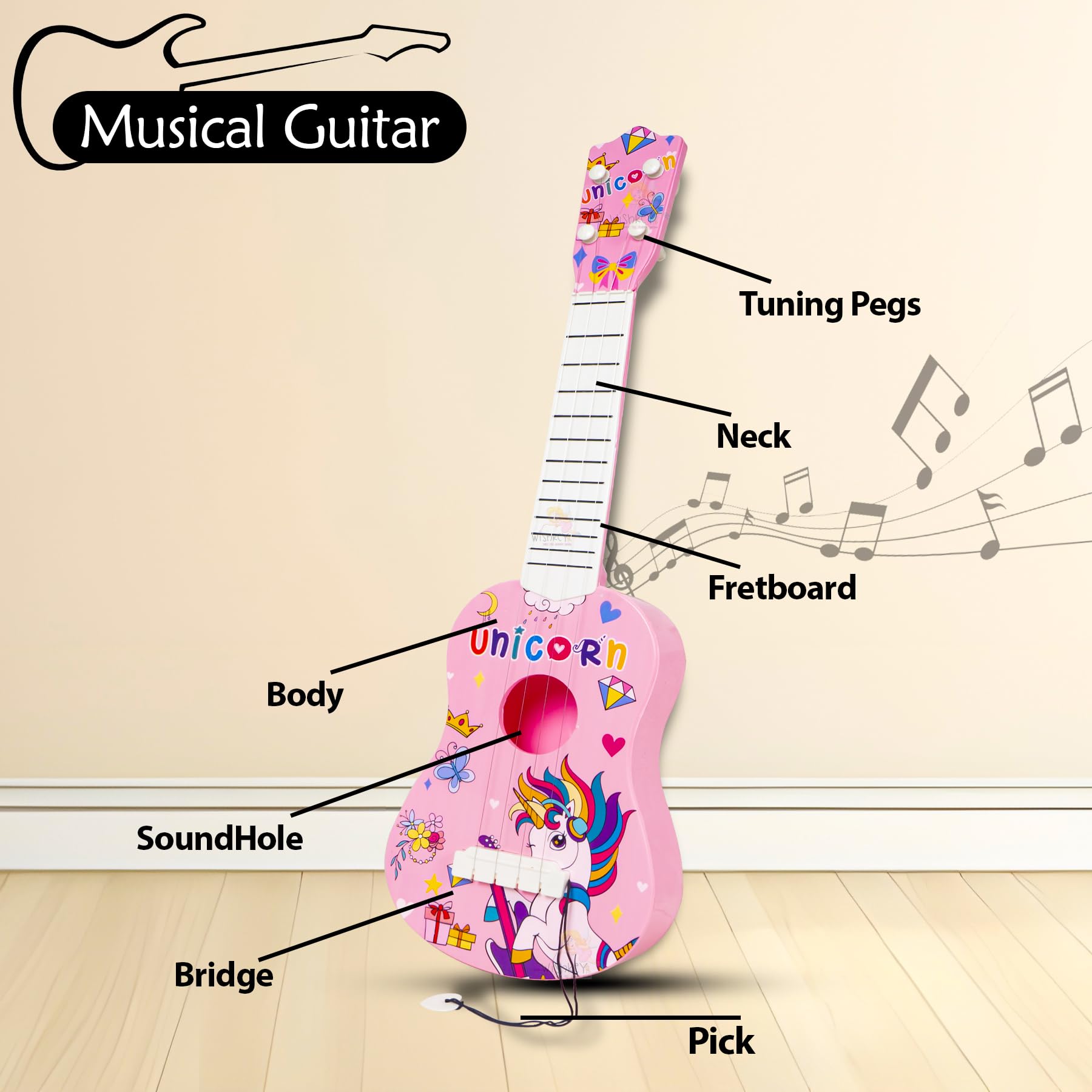WISHKEY Unicorn Theme Guitar 4 Strings Acoustic Music Toys for Kids, Educational Toy Guitar for Beginners, Musical Instrument, Learning Musical Toy, Sound Toys, Pink, 6+Years, 22" (Pack of 1) - Image 3 thumbnail