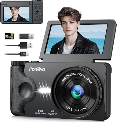 Appareil Photo Numérique 4K 64MP Autofocus Camera pour Vlog Voyage avec Écran 3″ Abattable 180° Digital Camera, Ponovo Appareil Photo Compact avec 32GB, Zoom 18X, Batterie 2000mAh pour Adultes, Noir
