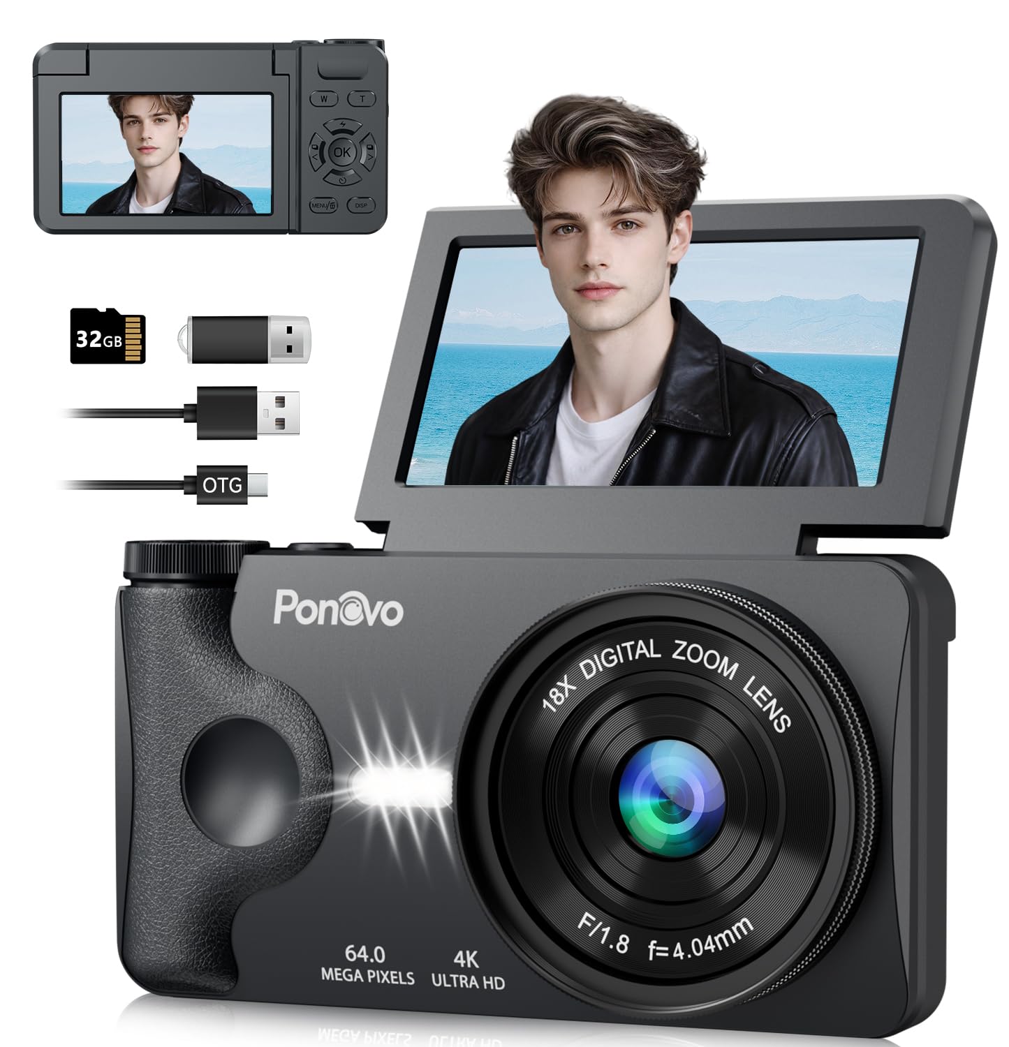 Digitalkamera 4K 64MP Autofokus Vlogging Kamera 3" 180° Klappbildschirm 18X Digitalzoom 2000mAh Akku 32GB Kompaktkamera Schwarz