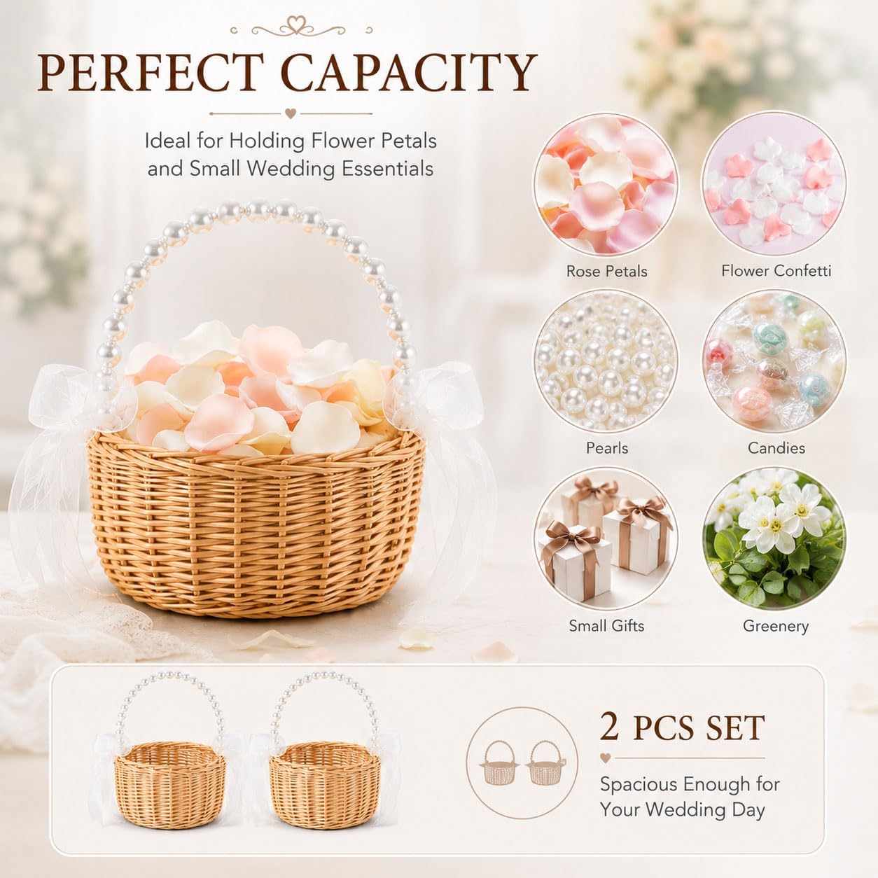 2 Pack 8 Inch Flower Girl Basket for Wedding, Pearl Handle Wicker Flower Basket with Bow, Handmade Rustic Petal Basket for Wedding Ceremony, Bridal Shower Decorations