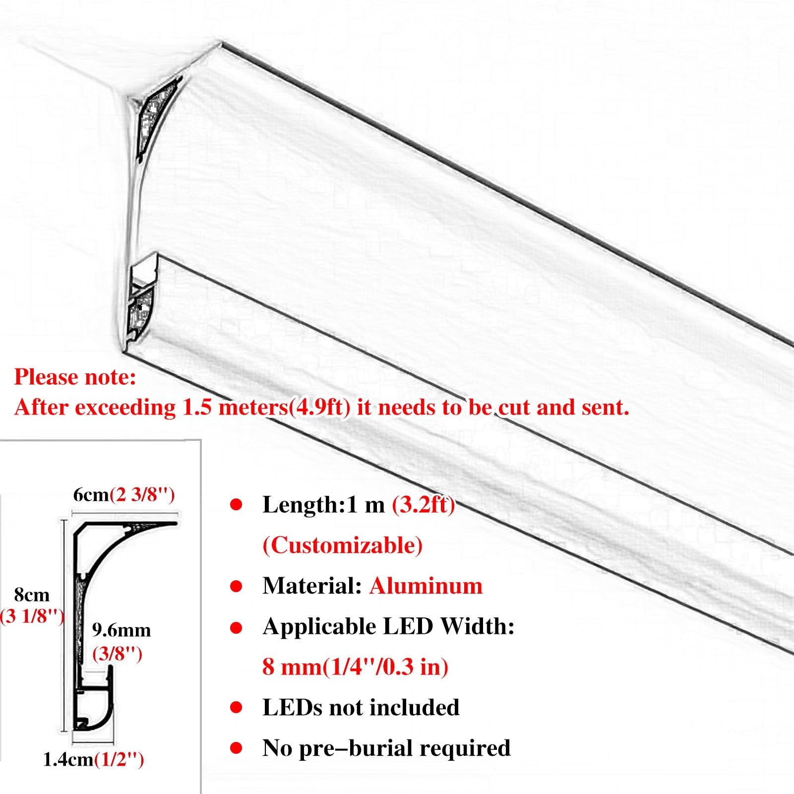 Canal LED de aluminio para iluminación indirecta, difusor de perfil de moldura de corona para decoración de techo, pared y suelo, moldura negra de 1 m, solución de iluminación versátil