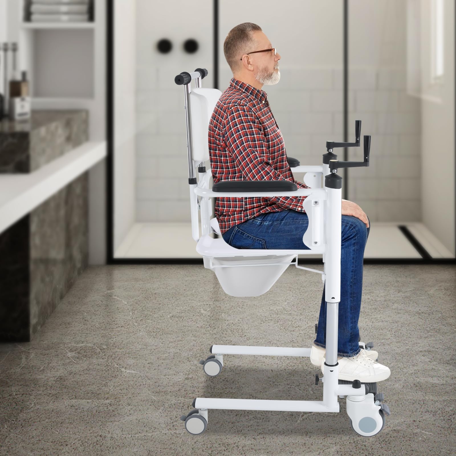 Silla elevadora de pacientes con altura regulable manualmente, asiento dividido de 180°, silla de ruedas multifunción con frenos, hasta 120 kg, para personas mayores, discapacitados, cuidado en casa