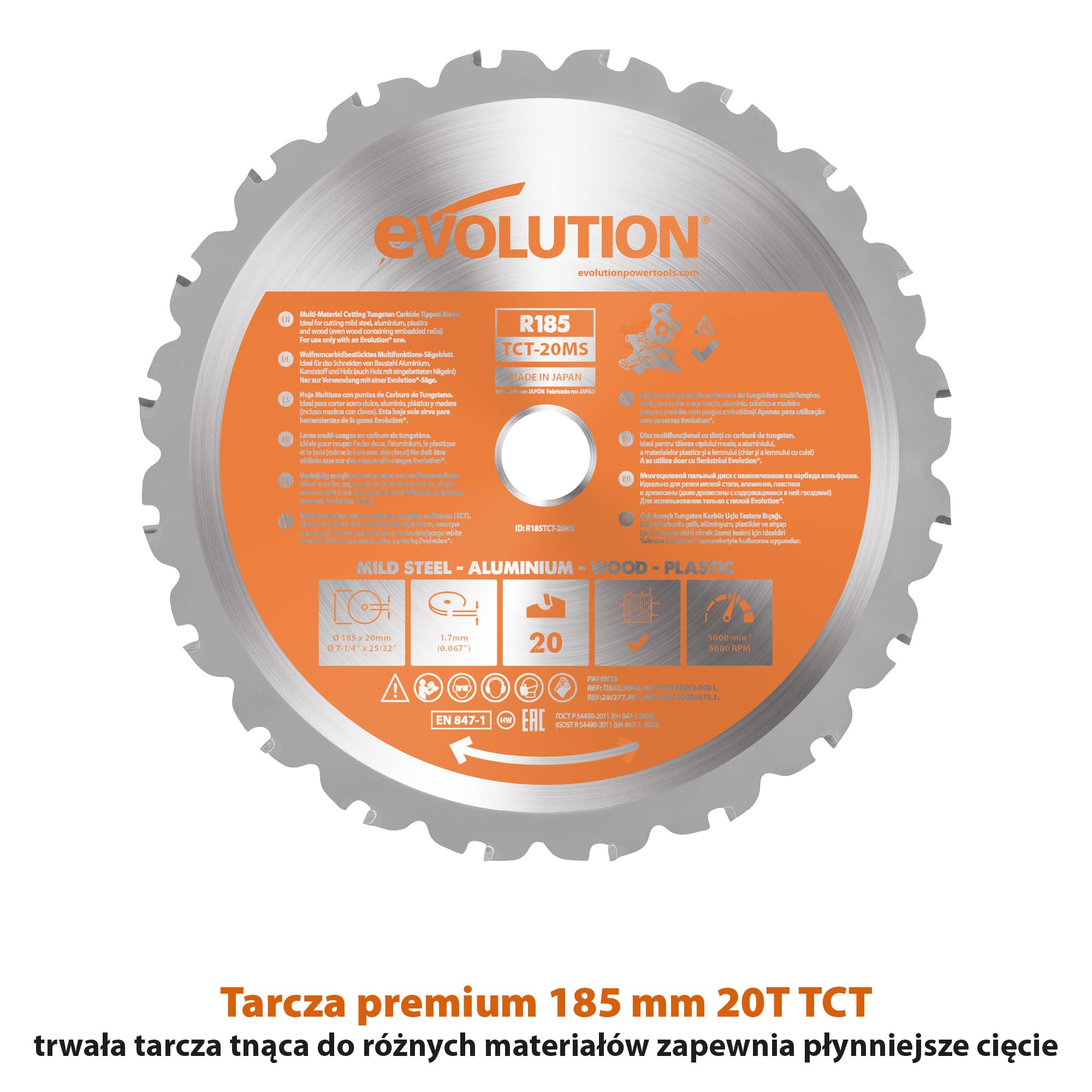 Evolution Power Tools Przesuwna ukośnica R185SMS+ 185 mm 230 V do cięcia drewna, metalu, plastiku