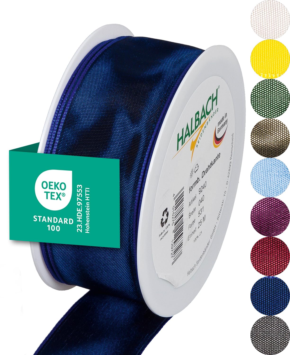 Halbach Seidenbänder Premium Geschenkband mit Drahtkante | Breite 40mm Länge 25m | Öko-Tex 100 zertifiziertes Schleifenband | Taftband Made in Germany, Farbe: dunkelblau