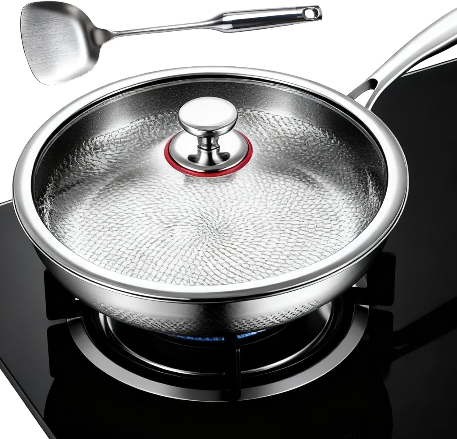 11 Inch Pure Titanium Pan Scratch-Resistant Fast-Heating Non Stick Titanium Hammered Pans Saucepan for Cooking Dishwasher-Friendly Titan Frying Pan Pro with Lid & Spatula, Compatible with All Cooktops