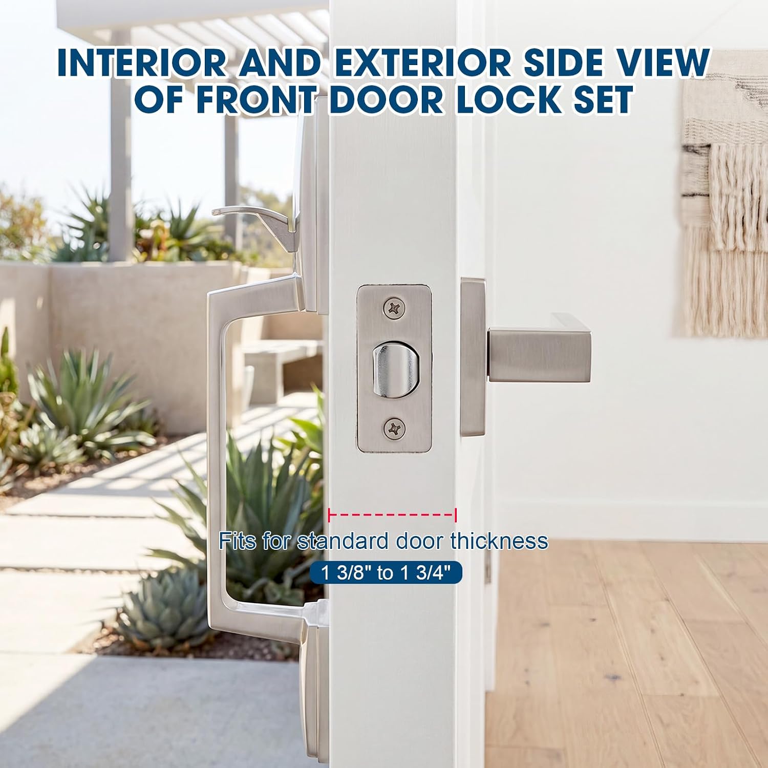 Front Door Handle No Lock Pack, Satin Nickel Exterior Entry Handleset with Interior Reversible Lever, Modern Zinc Alloy Decorative Door Handle for Residential Entryway, Office